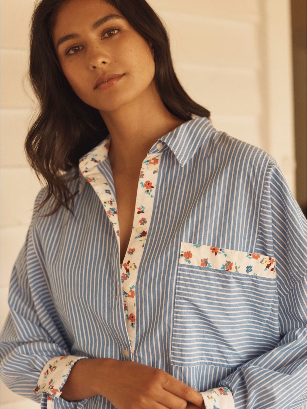 Anthropologie LyreBird Cotton Oversized Buttondown Shirt (Blue Motif) (S) - Picture 3 of 7